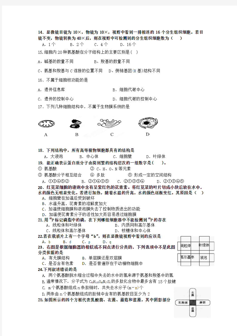 高一生物期中考试试卷