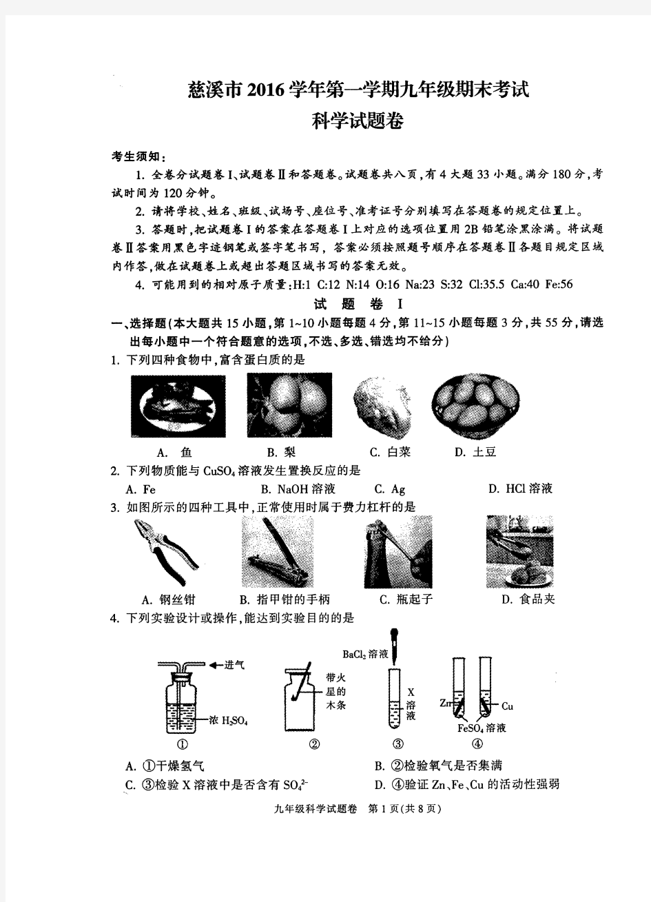 慈溪市2019学期第一学期期末试卷和答案——九年级科学