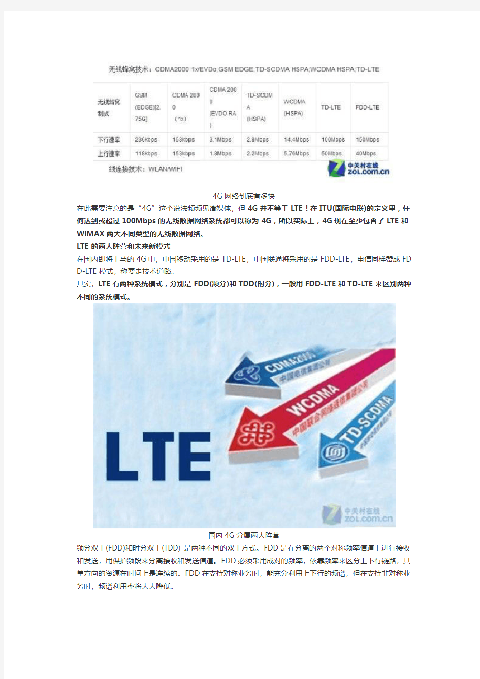 中国移动、中国联通、中国电信 4G TD-LTE和FDD-LT