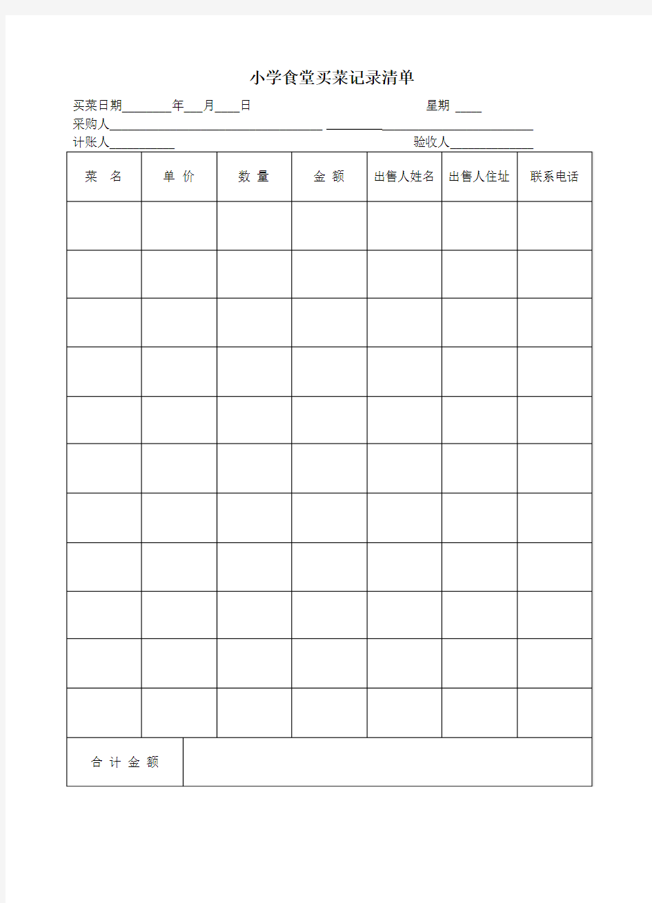 小学食堂买菜记录清单