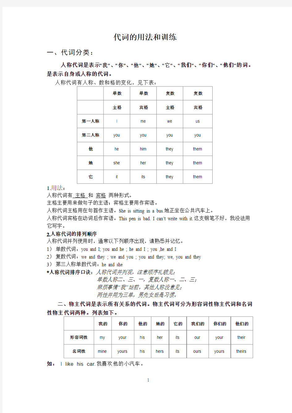 代词的用法及专项练习