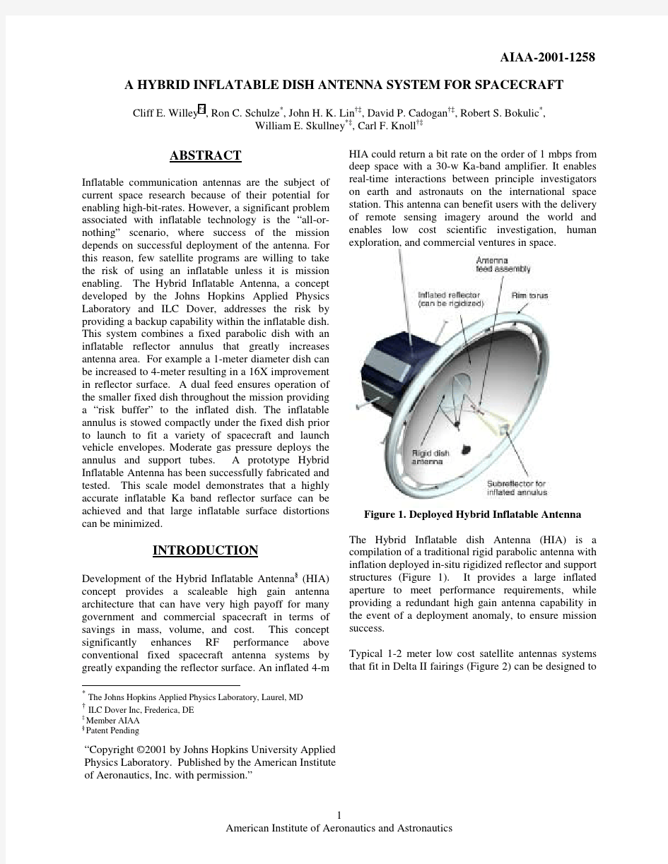 A HYBRID INFLATABLE DISH ANTENNA SYSTEM FOR SPACECRAFT