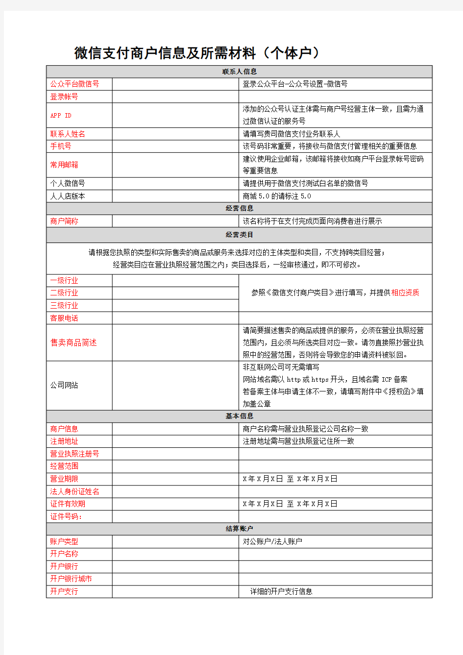 微信支付商户信息及所需材料-个体户20150928