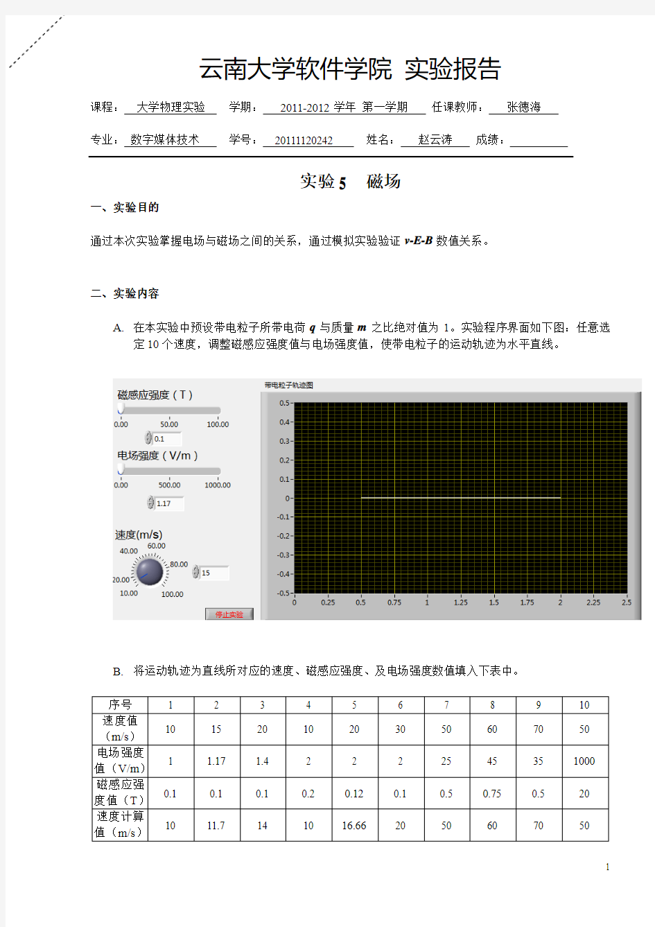 云南大学软件学院大学物理实验报告五