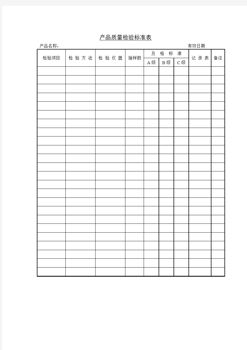 产品质量检验标准表