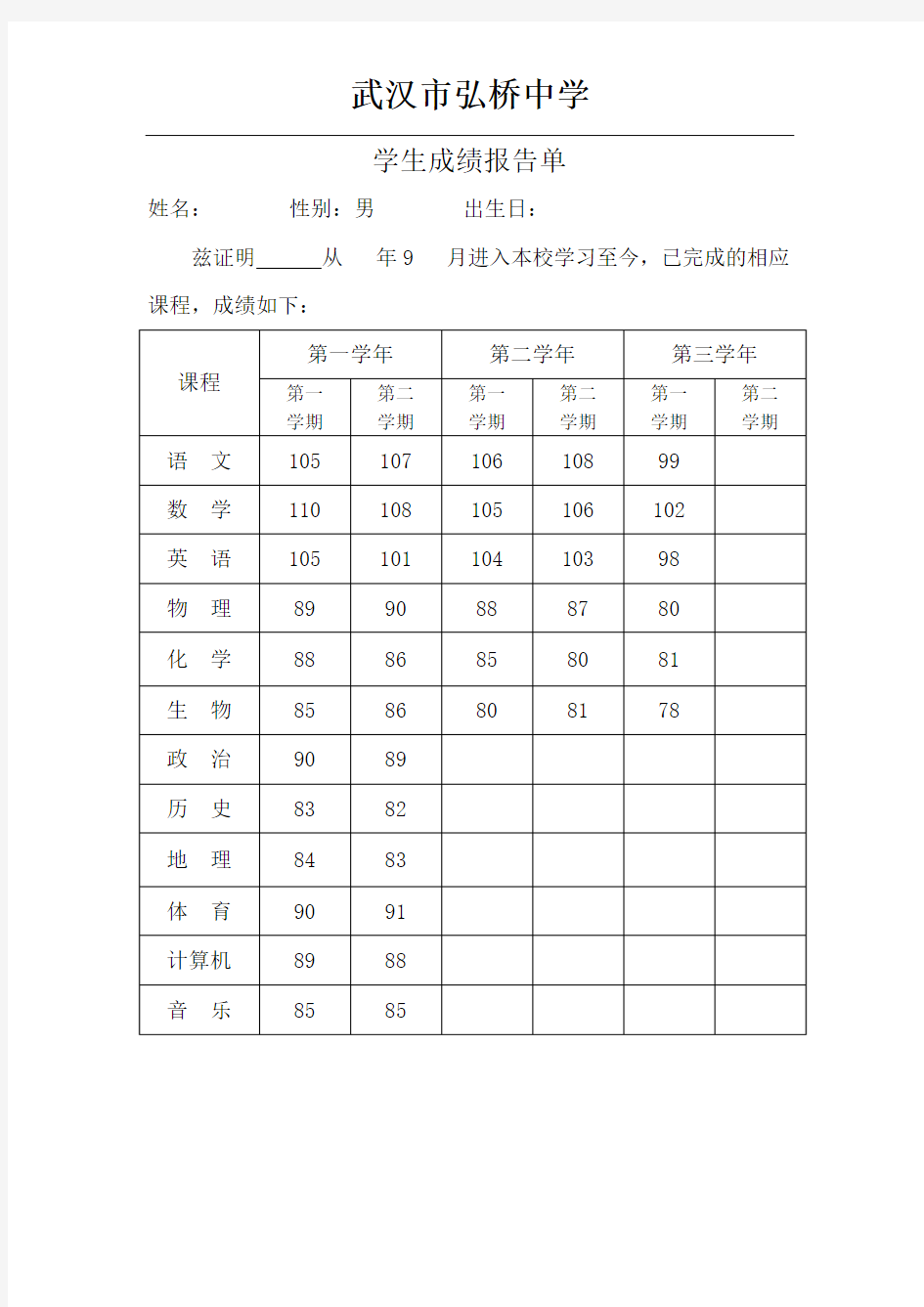 高中三年成绩单模板