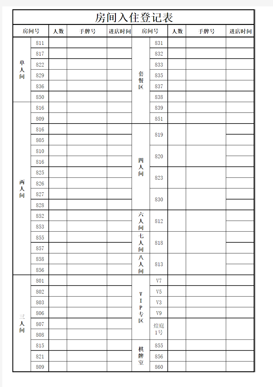 房间入住登记表
