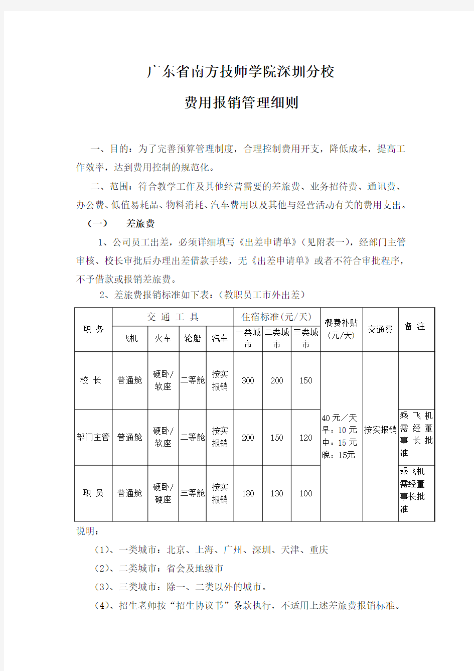 南方技师学院深圳分校报销费用管理细则(定稿)