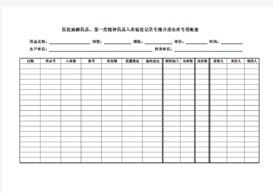 医院麻醉药品、第一类精神药品入库验收记录专簿及进出库专用帐册