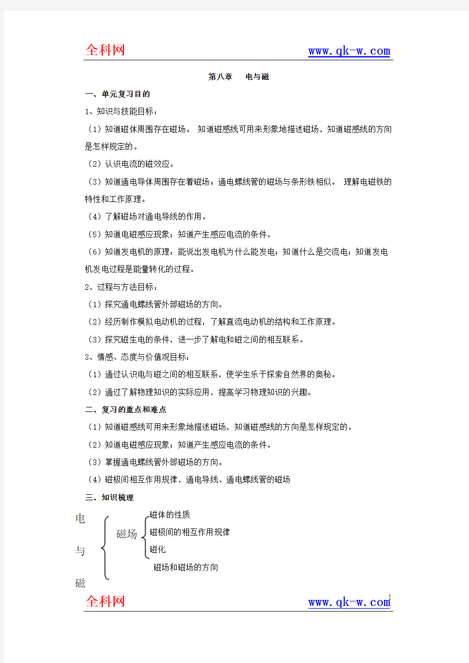 中考物理专题《电磁学》复习教案《电与磁》1