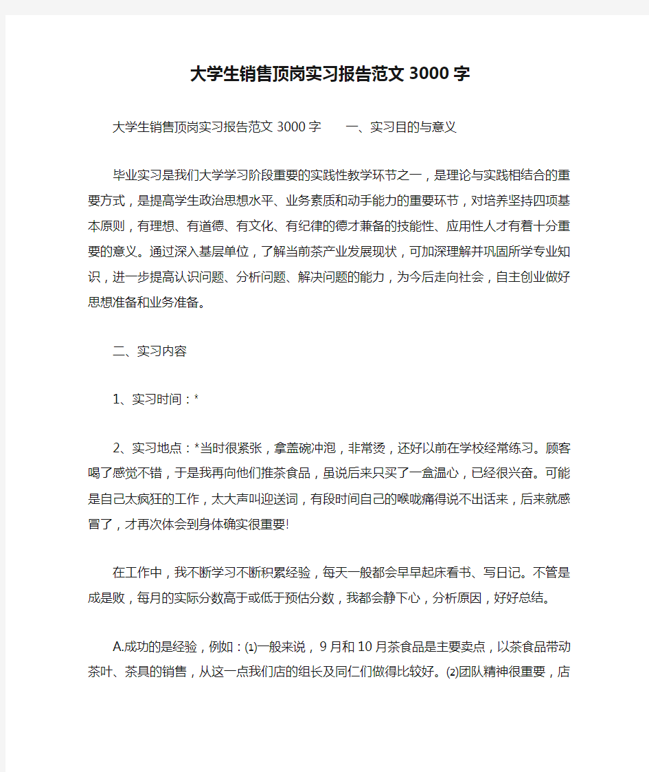 大学生销售顶岗实习报告范文3000字