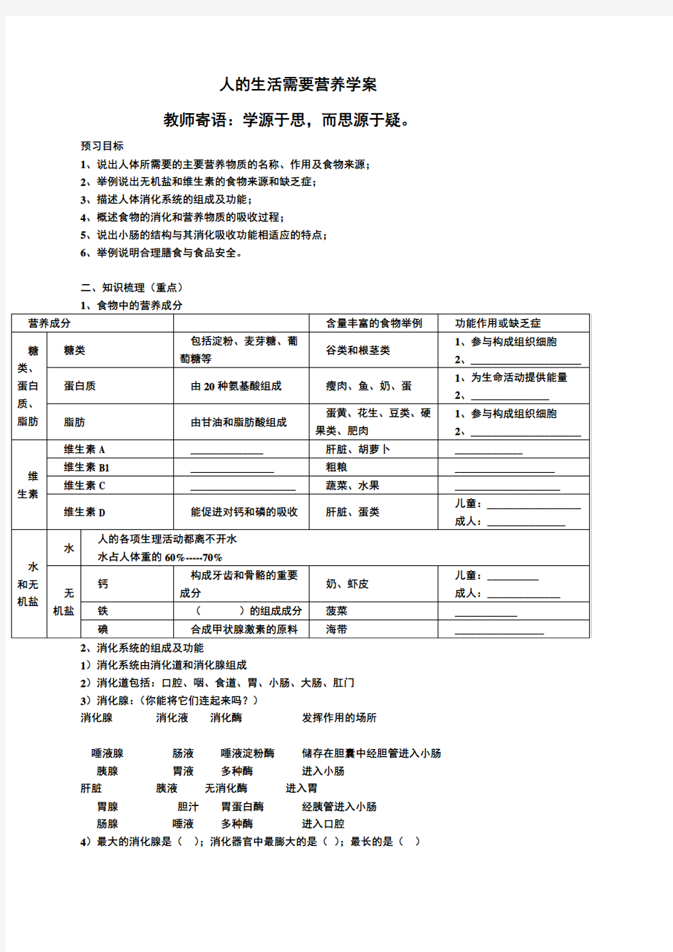 第一章人的生活需要营养知识点和习题