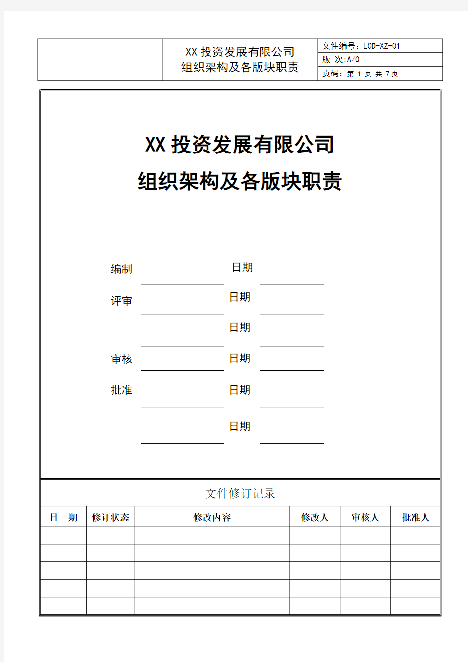 XX投资发展有限公司组织架构及各版块职责