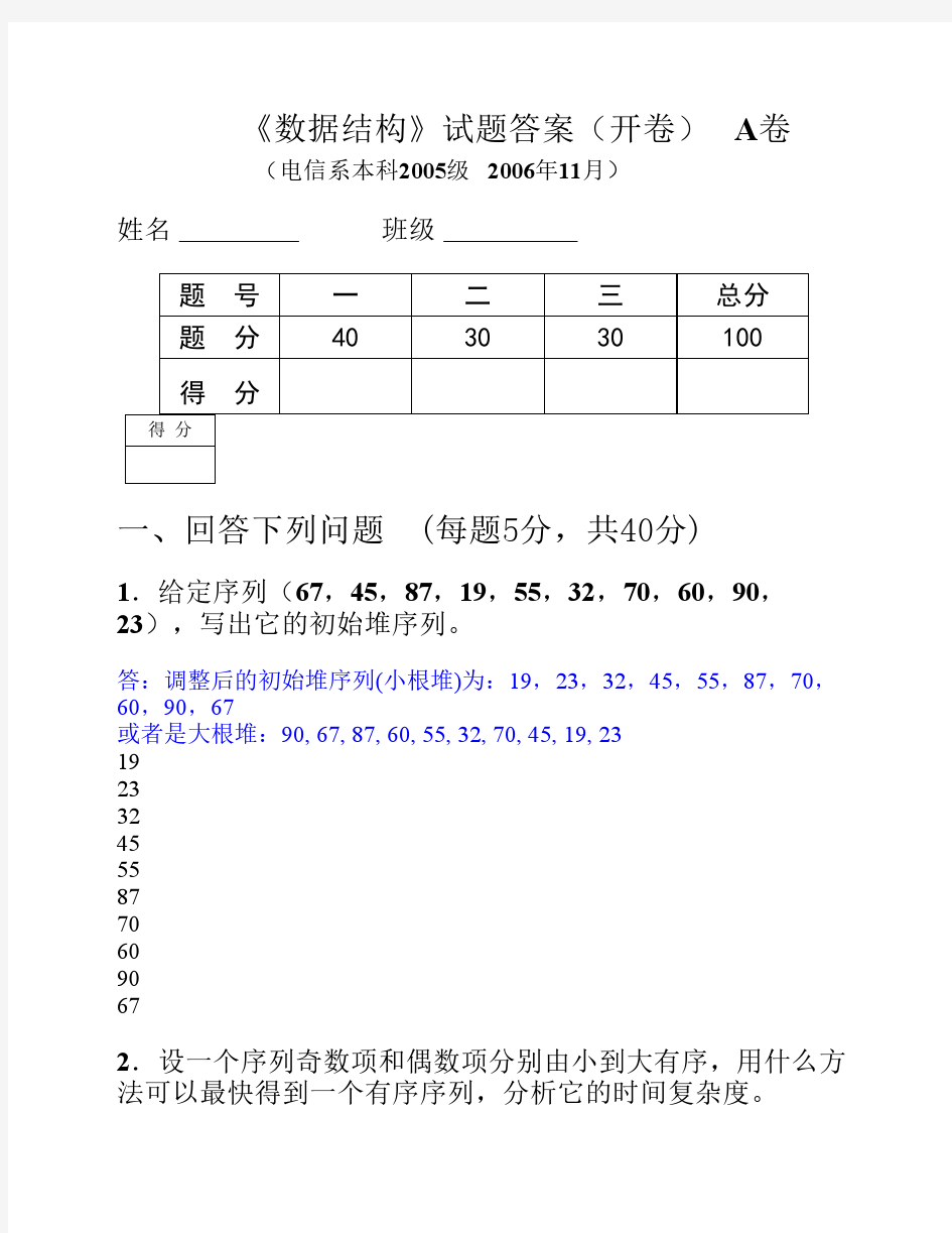 数据结构期末考试试题A答案