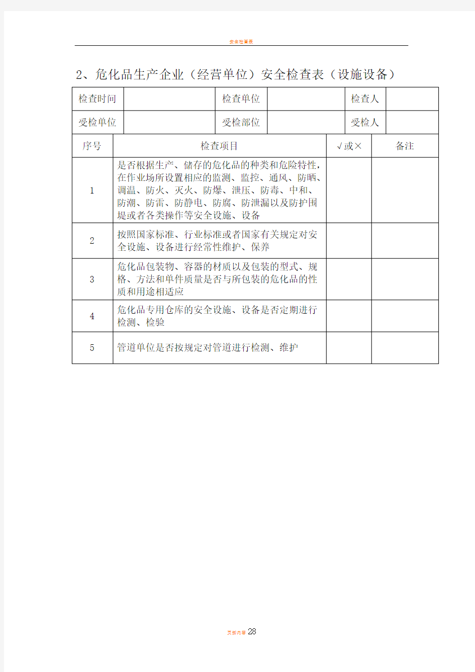 安全检查表实例