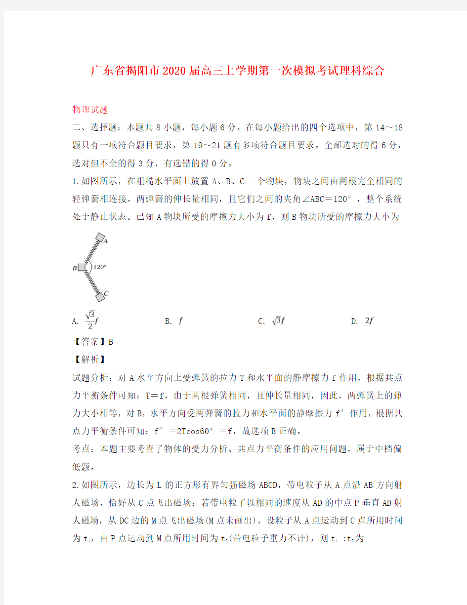 广东省揭阳市2020届高三物理第一次模拟考试试题(含解析)