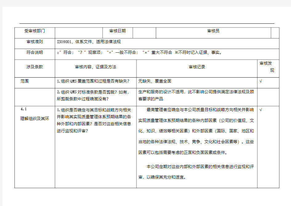 2018年ISO9001：2015全套质量管理体系内审检查表