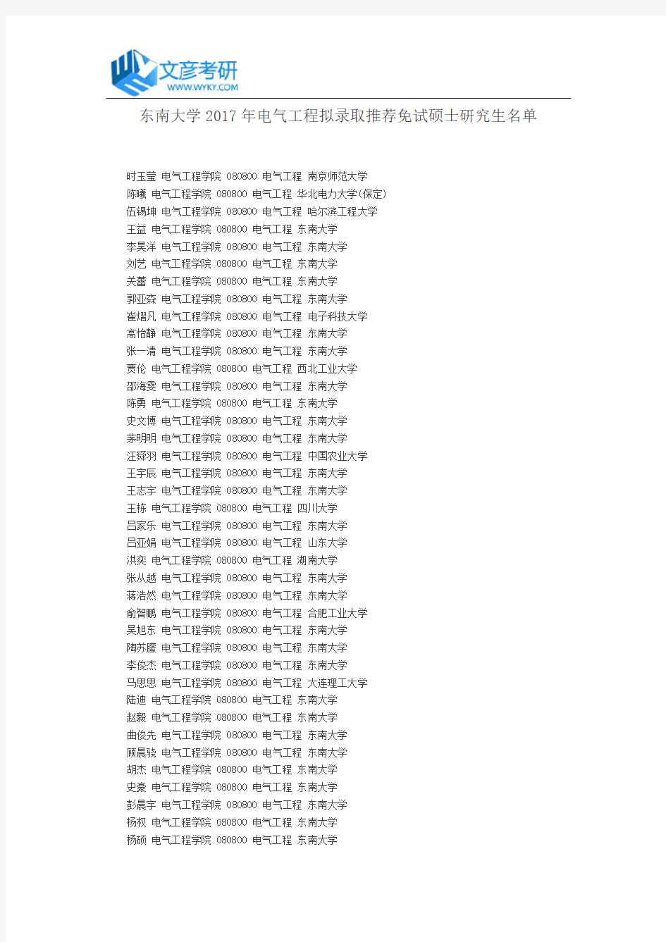 东南大学2017年电气工程拟录取推荐免试硕士研究生名单