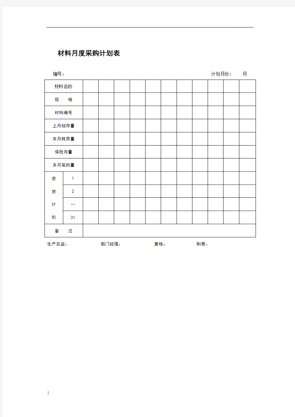 材料月度采购计划表