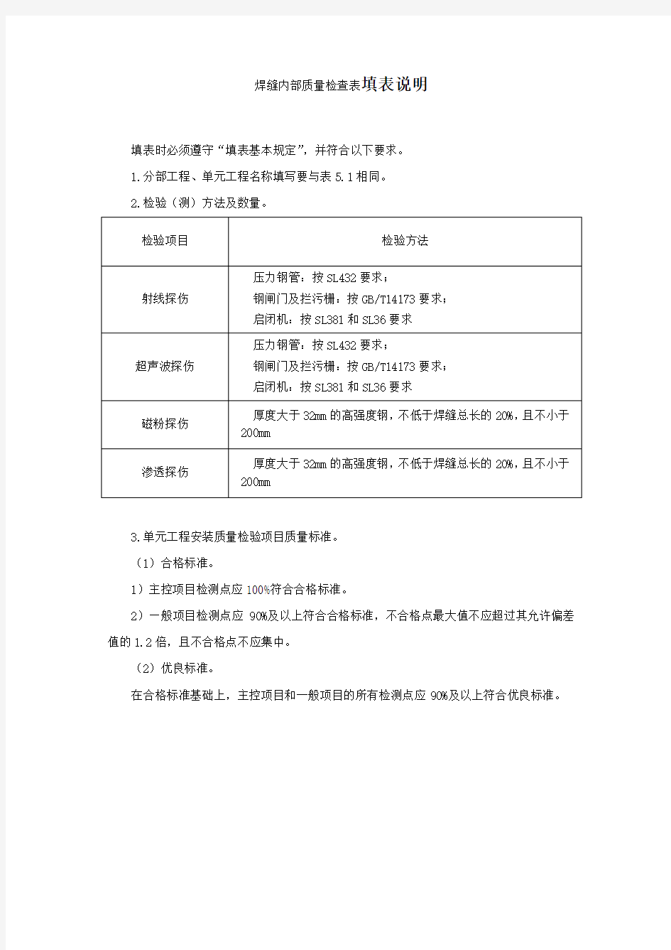 焊缝内部质量检查表填表说明