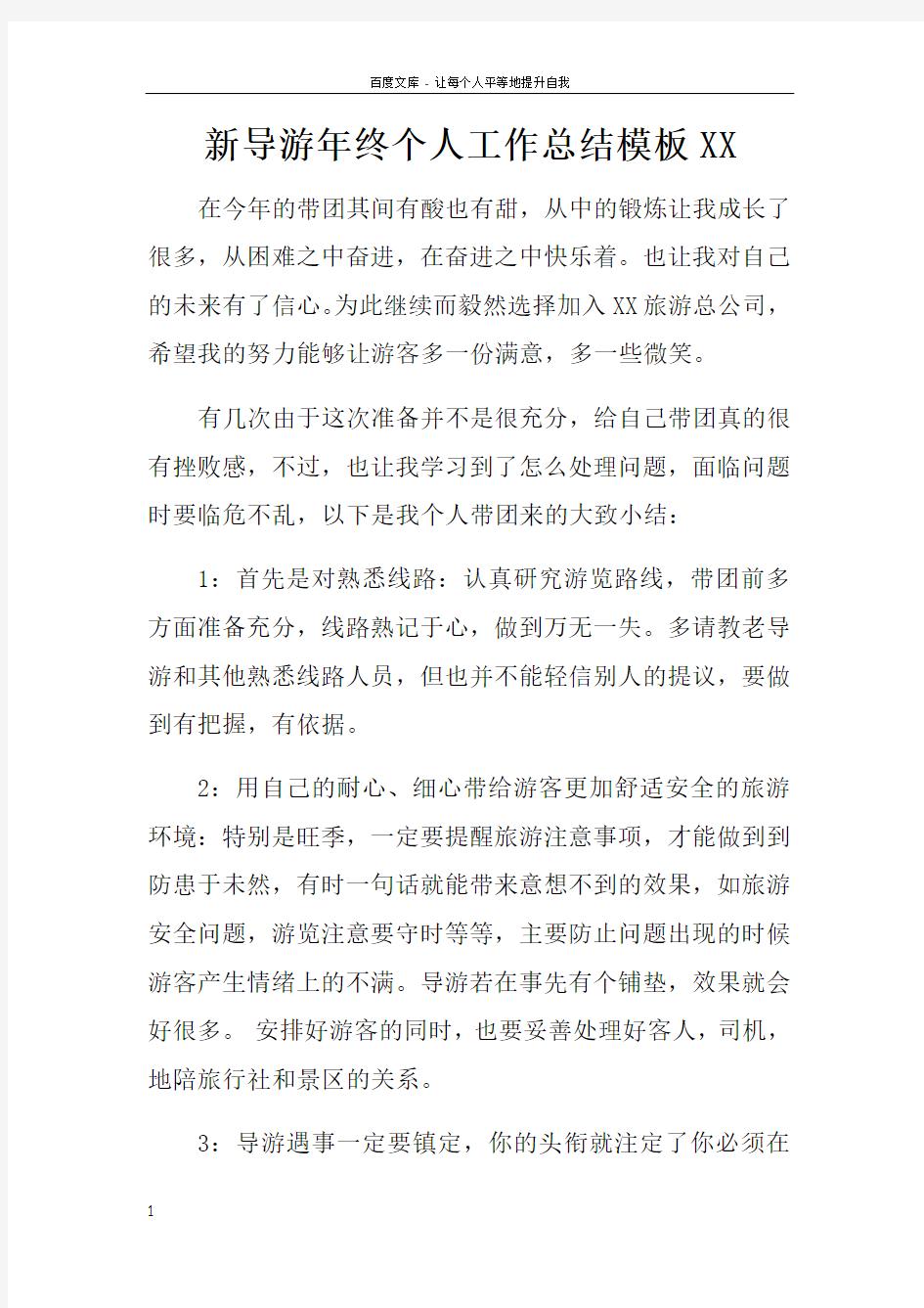 新导游年终个人工作总结模板XX