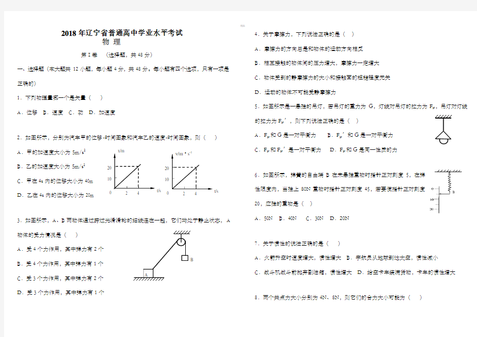 2018年辽宁省学业水平考试物理真题