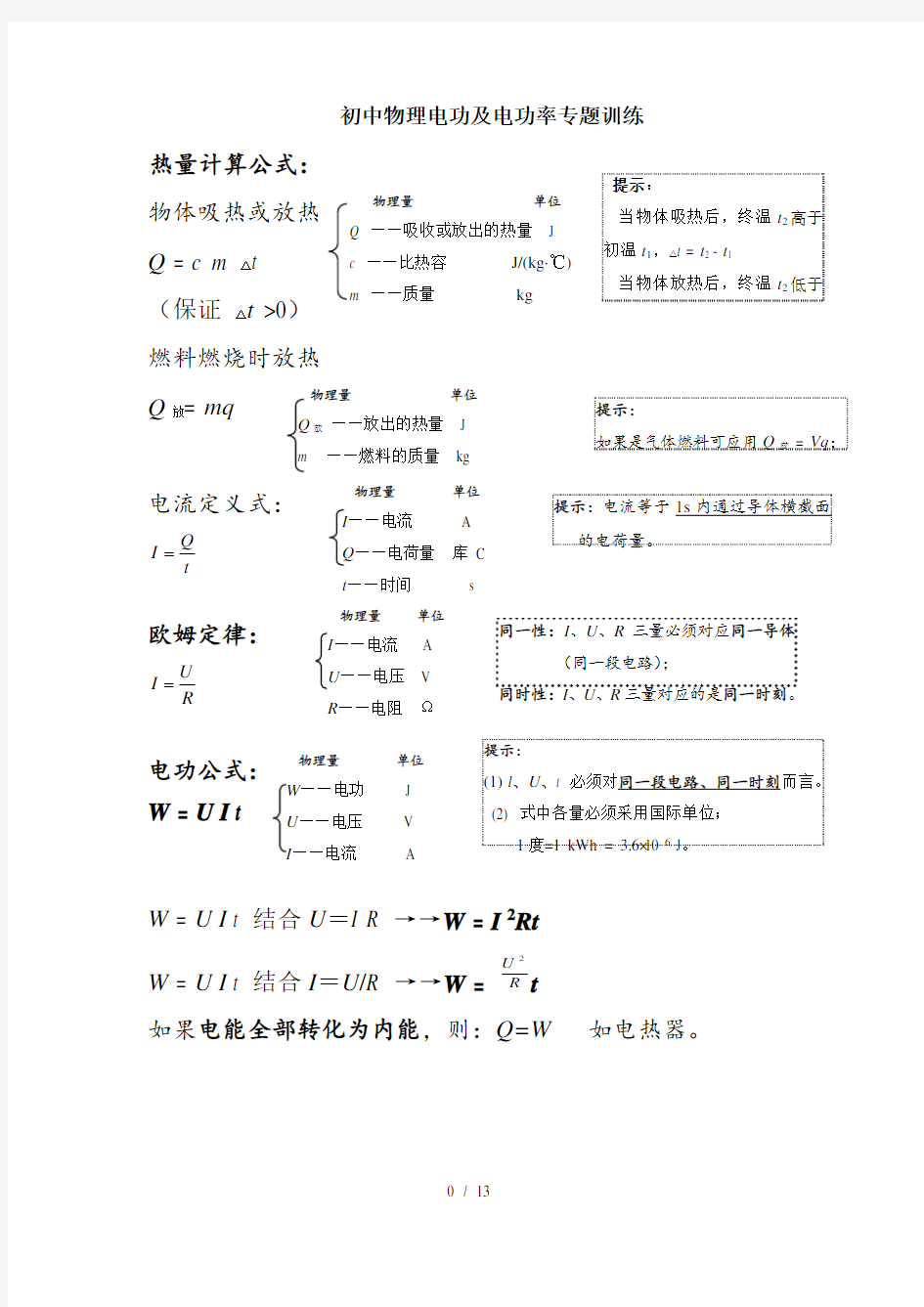 初中物理电功电功率经典例题专题训练