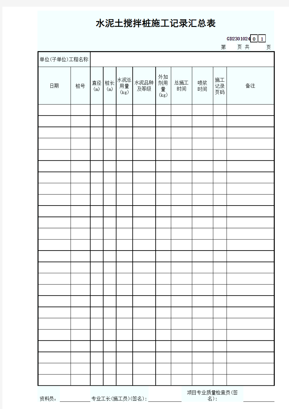 水泥土搅拌桩施工记录汇总表GD2301024