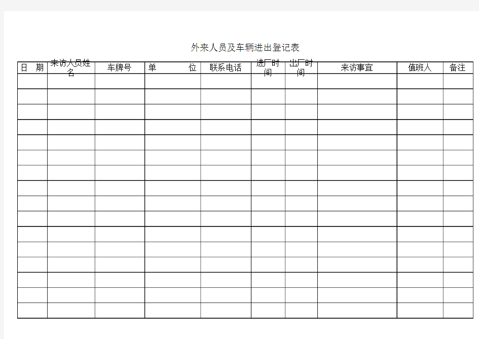 外来人员及车辆进出登记表(门卫)