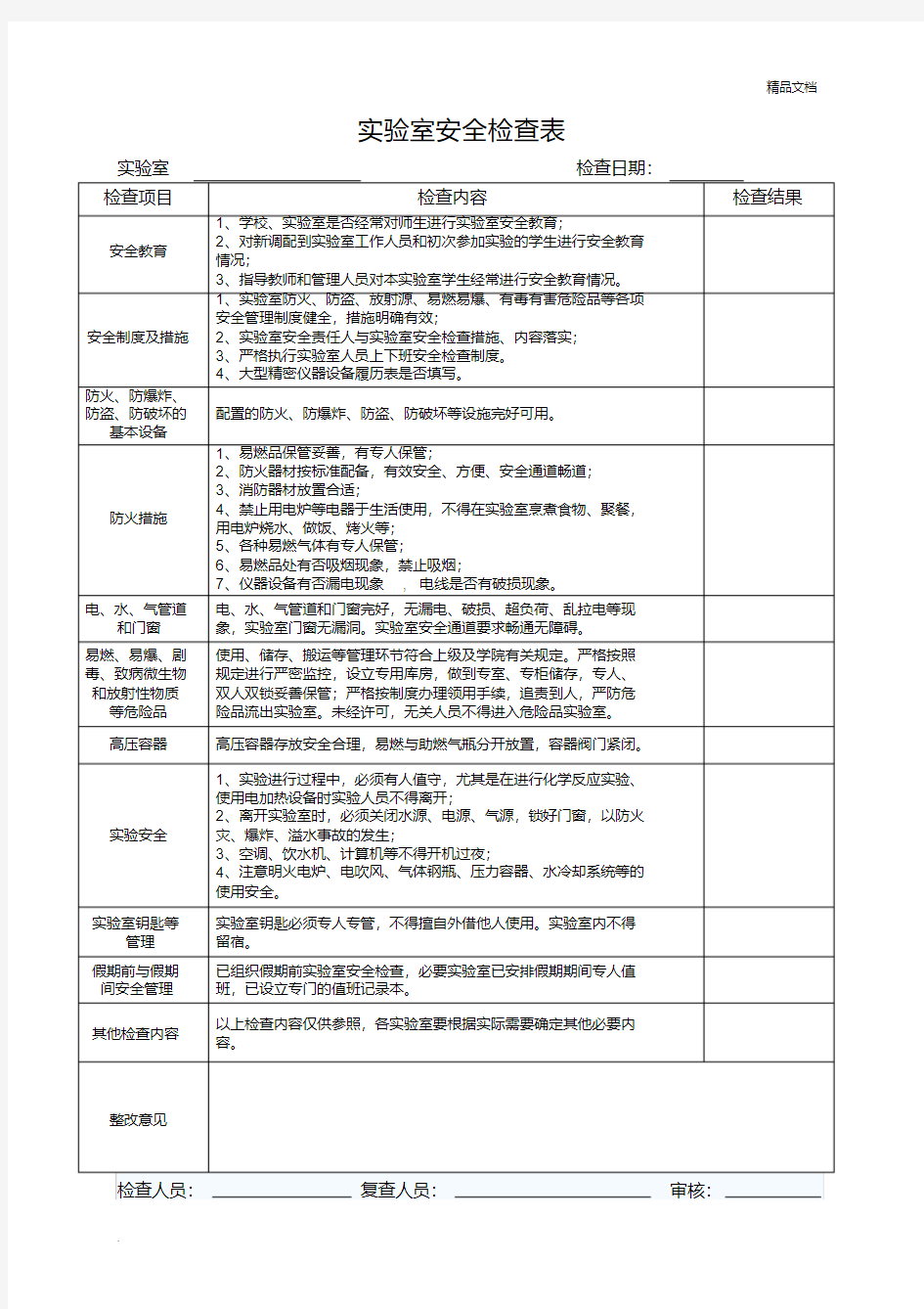 实验室安全检查表