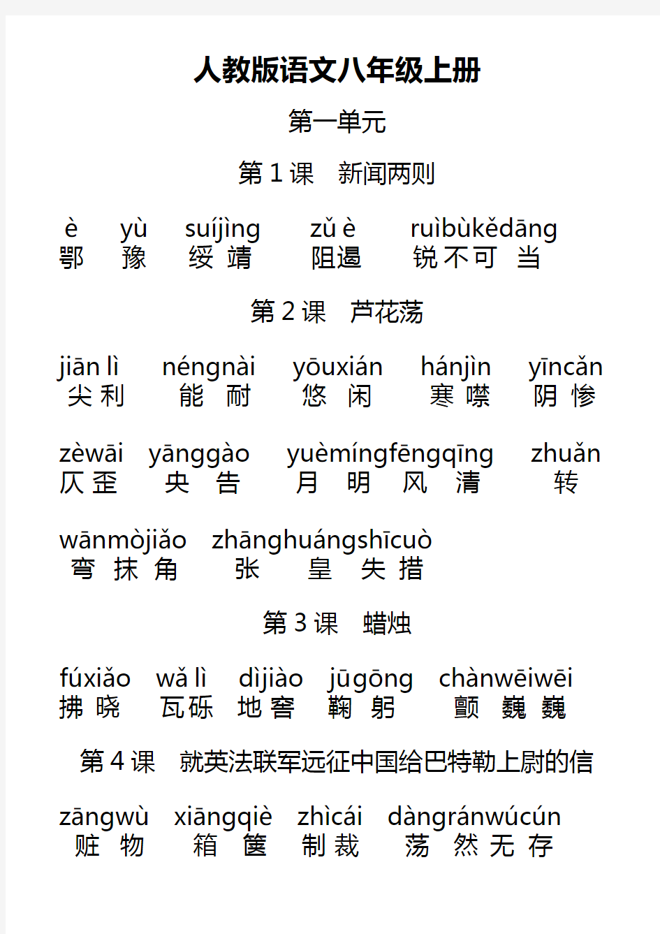 人教版初中语文八年级上册词语   (全拼音版)