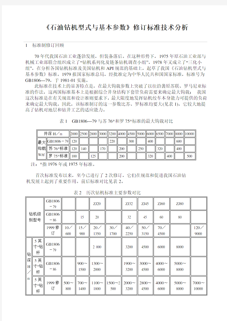 石油钻机型式与基本参数标准