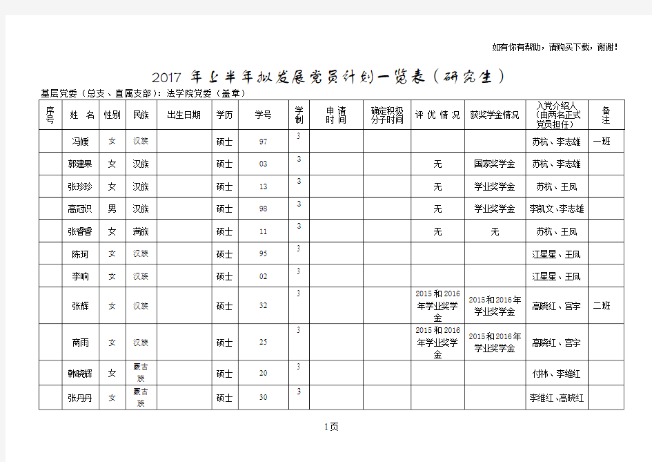 上半拟发展党员计划一览表研究生