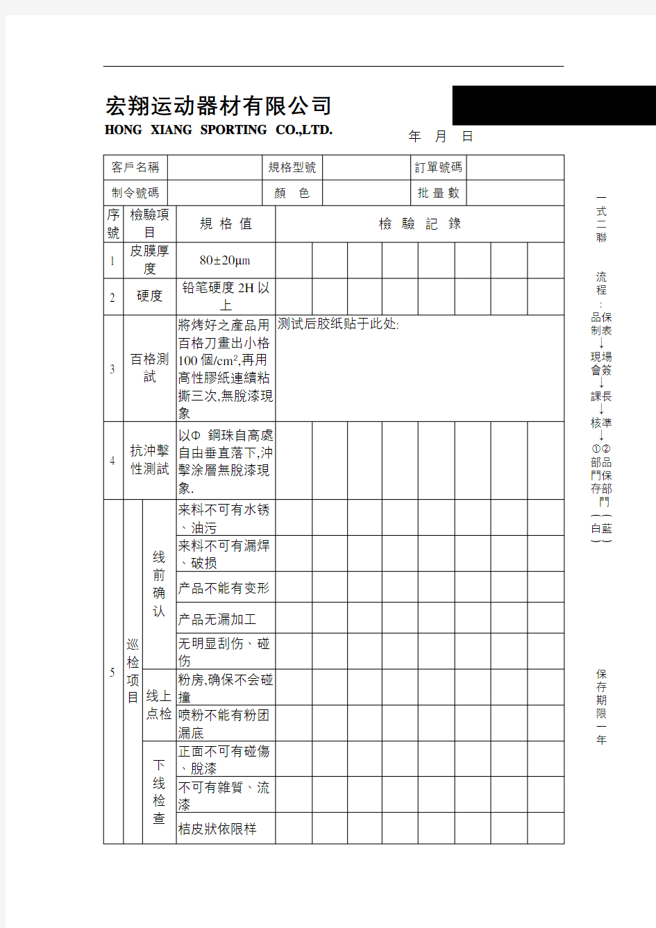 涂装制程检验记录表表格格式