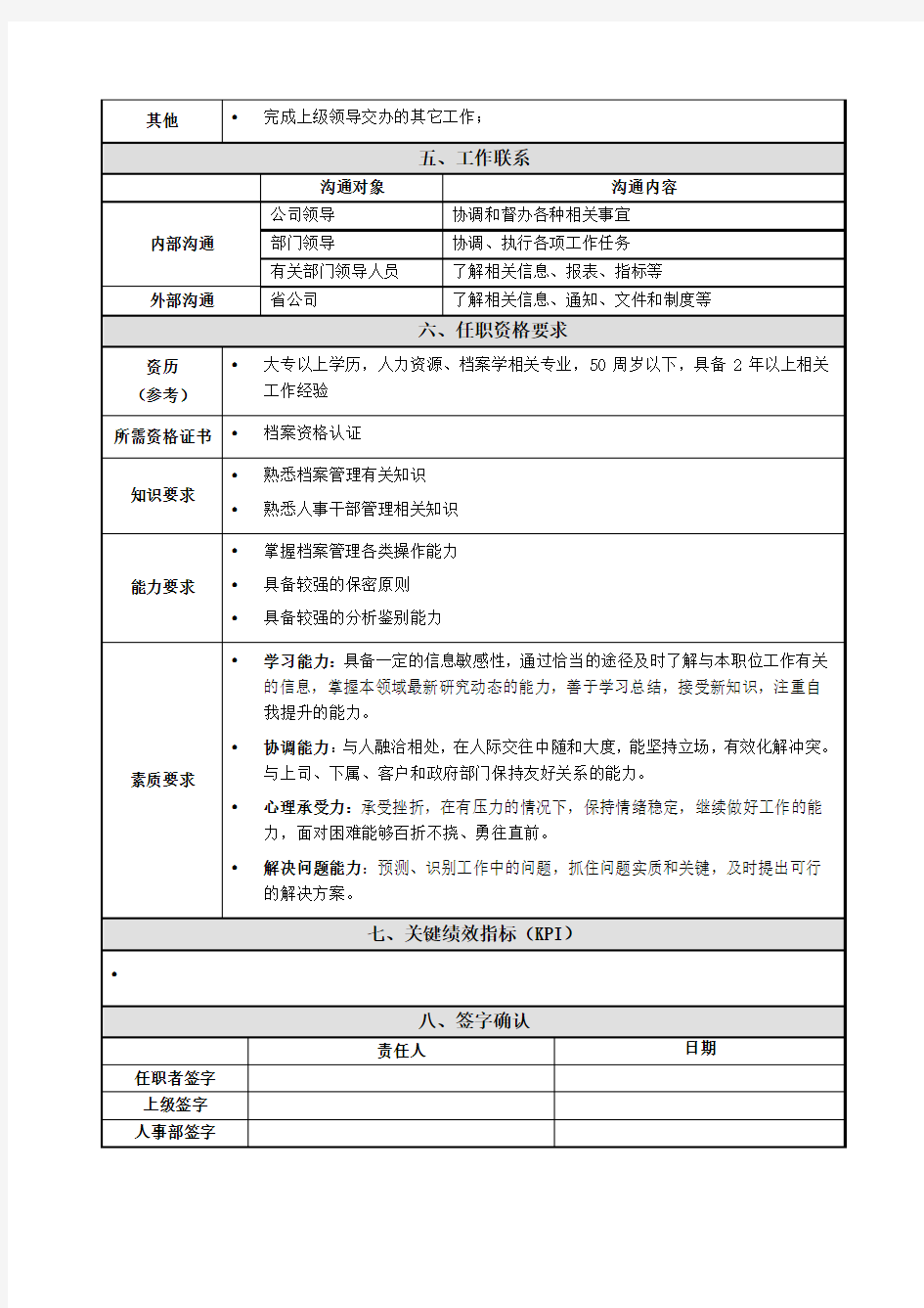 人事档案管理员岗位说明书范例