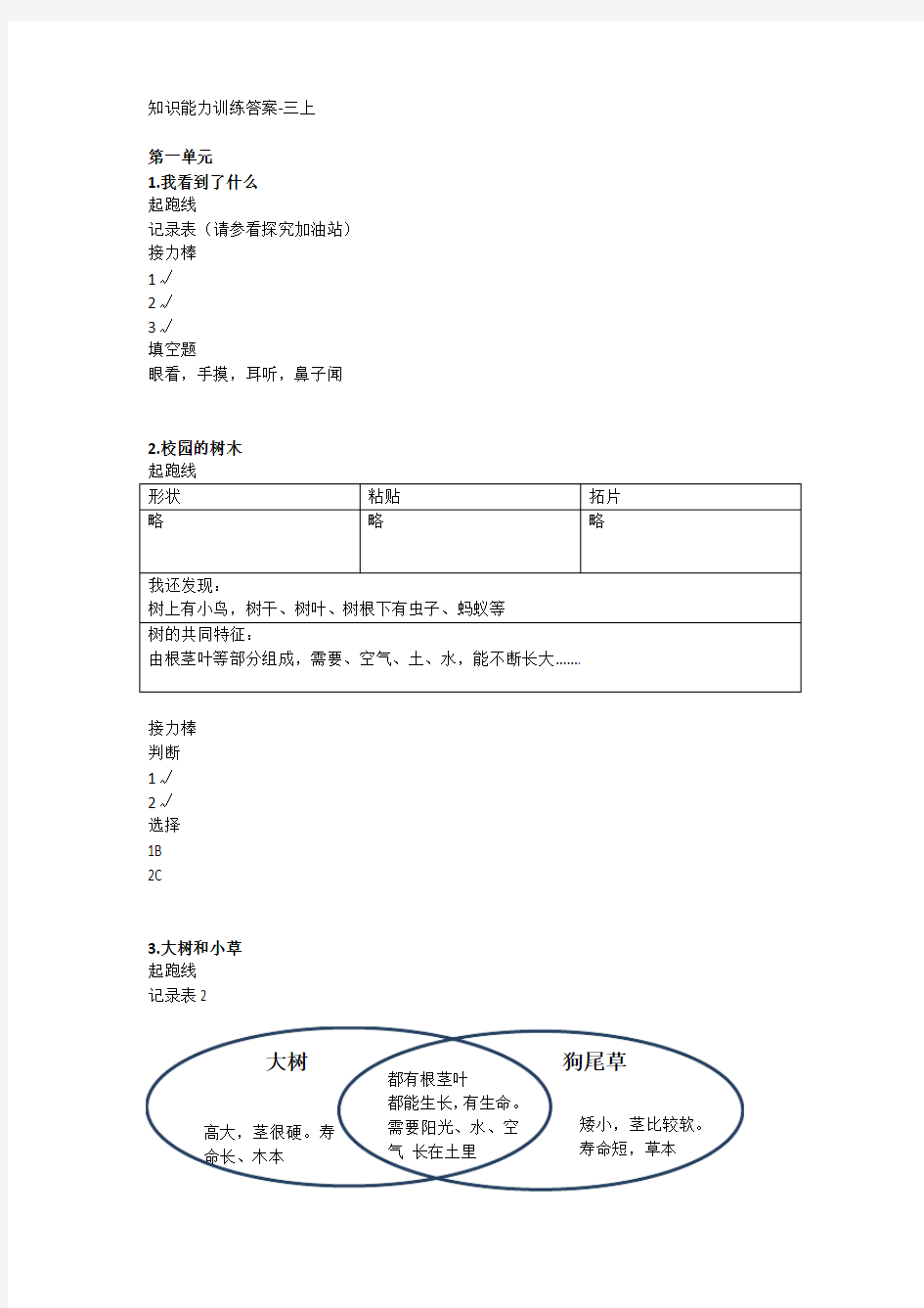 科学知识能力训练答案_三上