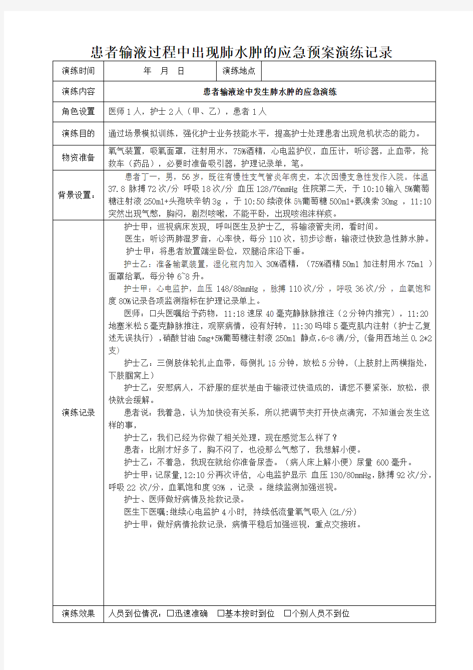 患者输液过程中出现肺水肿的应急预案演练记录