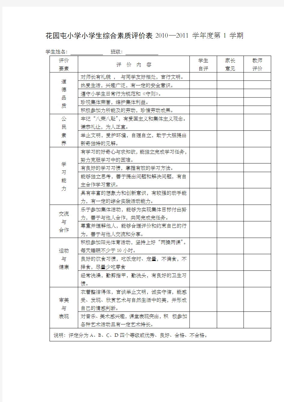 小学生综合素质评价表 