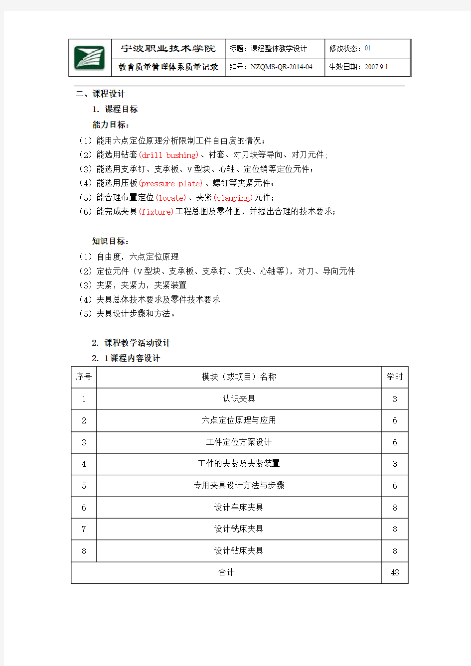 工装夹具设计课程整体教学设计