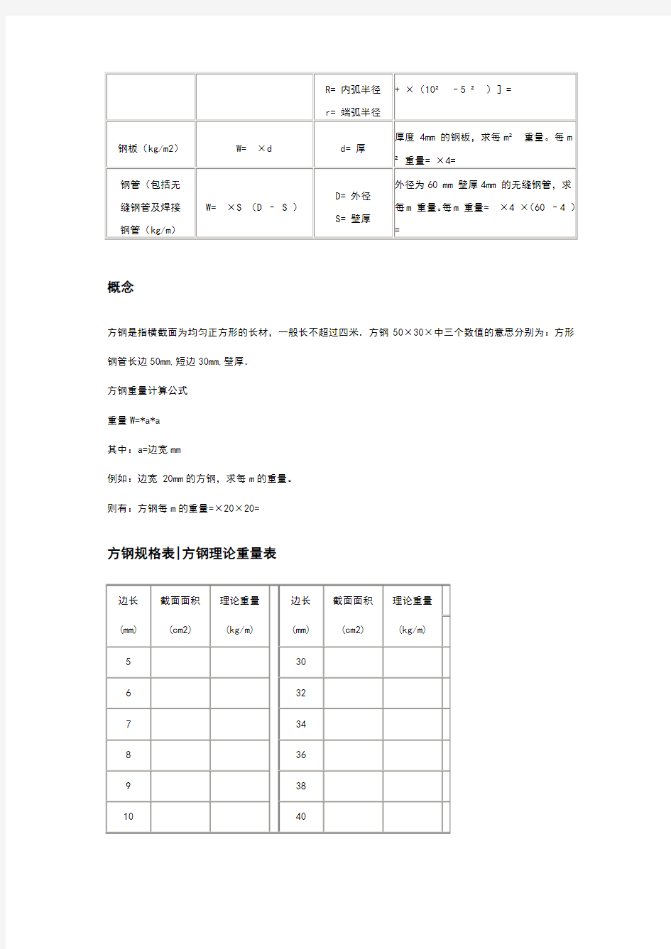 方钢理论重量计算式及重量表60810