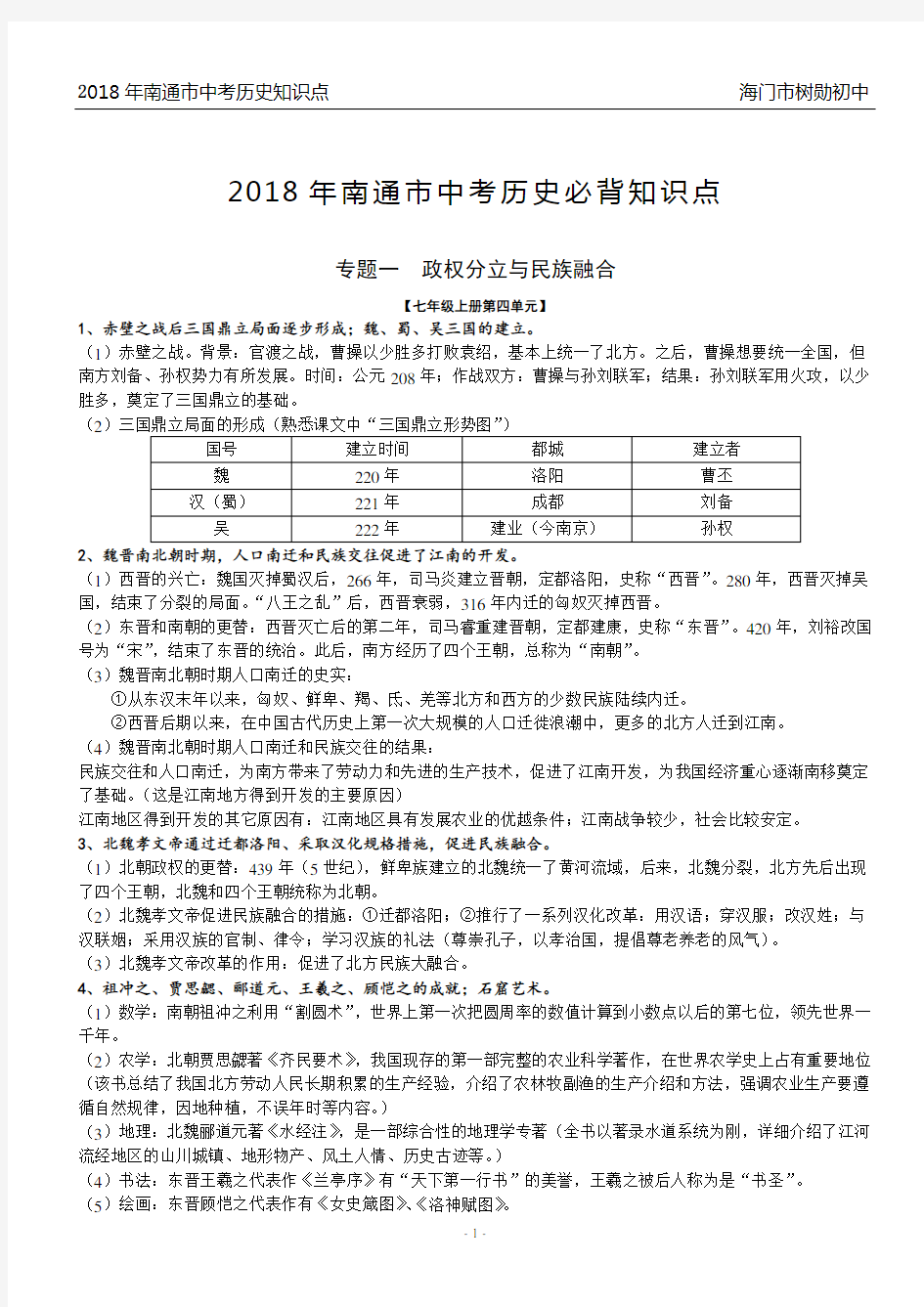 2018南通中考历史必背知识点