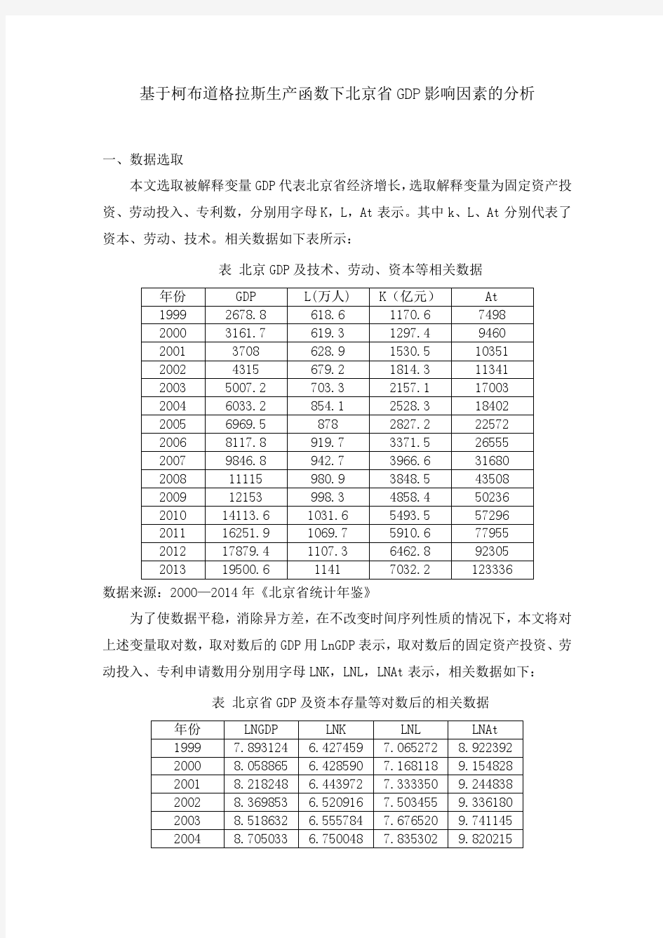 基于柯布道格拉斯生产函数下北京省GDP影响因素的分析