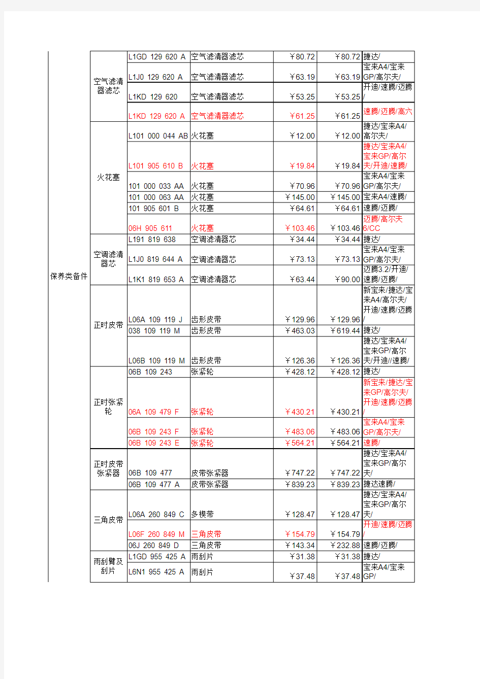 一汽大众常用配件价格表价格表