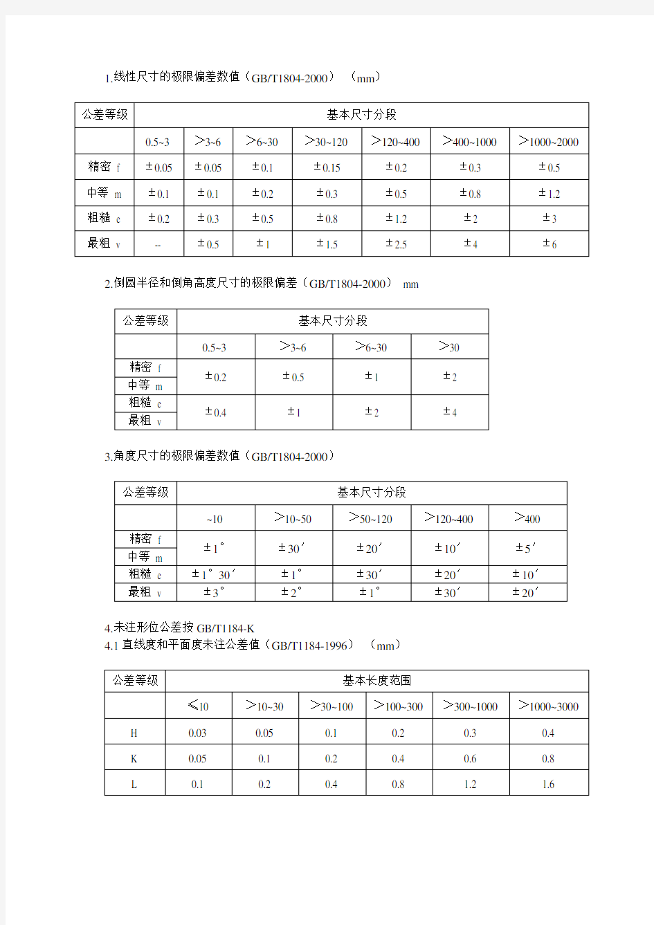 机械自由公差表