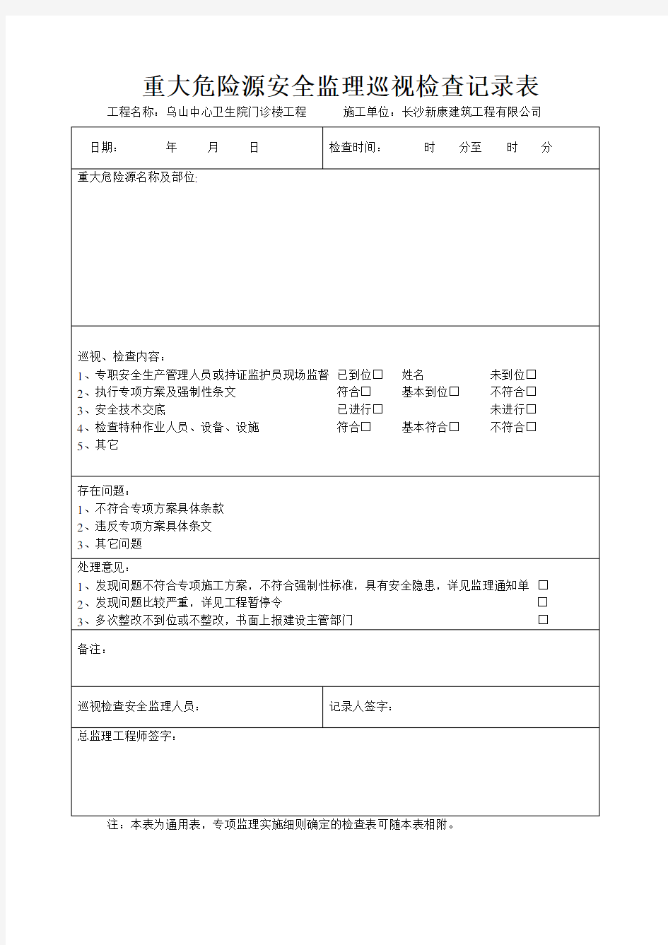 重大危险源安全监理巡视检查记录表