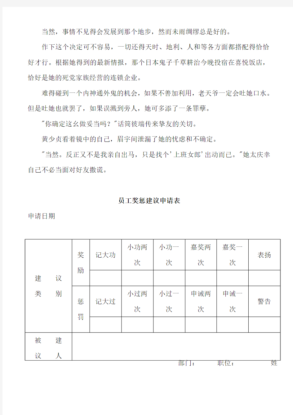 员工奖惩建议申请表