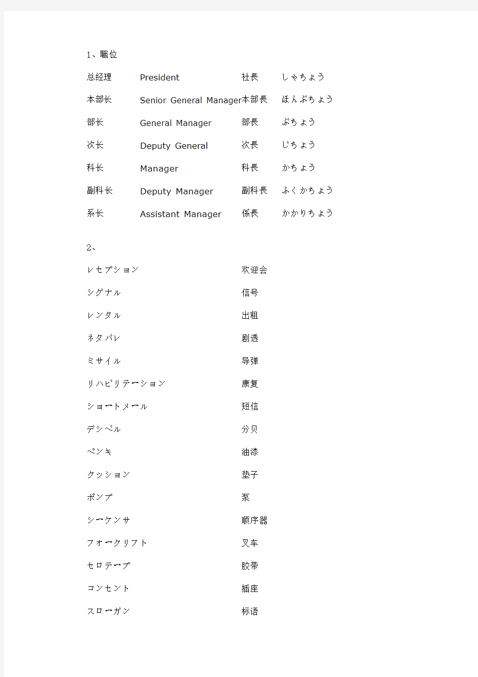 日企职位的说法及常用日语单词