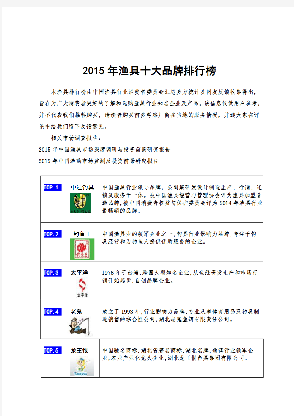 2015年渔具十大品牌排行榜