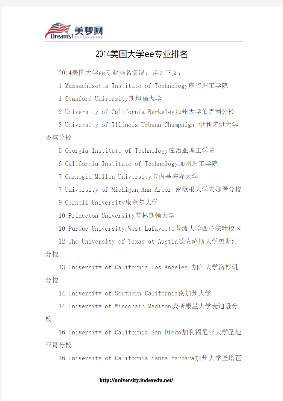 【美梦网】2014美国大学ee专业排名