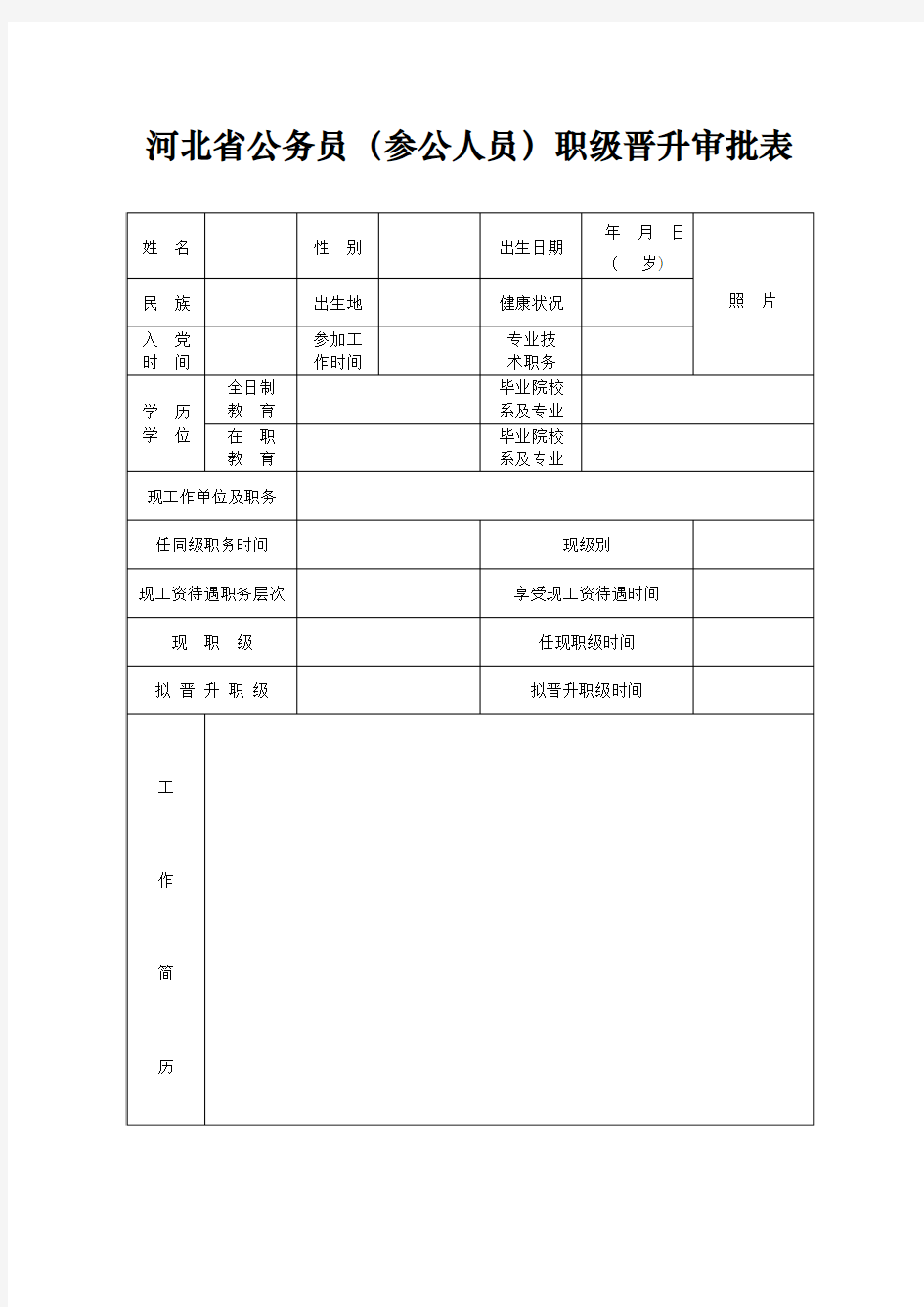 河北省公务员(参公人员)职级晋升审批表